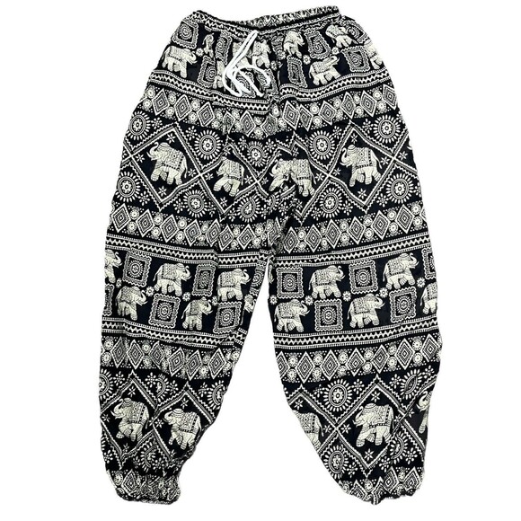 Elephant Harem Pants Phone Pocket Elastic Drawstring Waist Black Cream XL‎ Boho - Picture 4 of 5